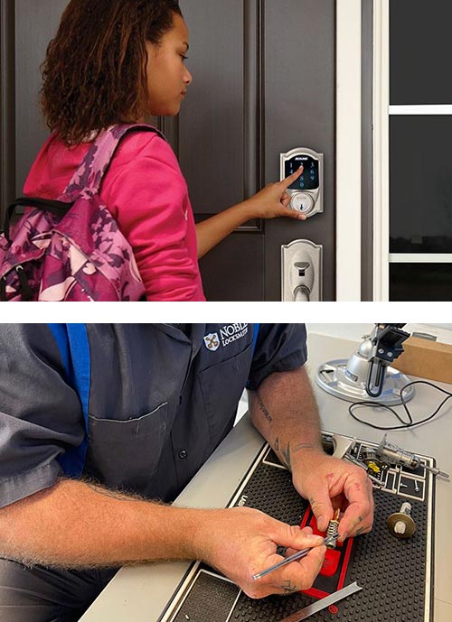 smart lock on a home's front door, and a lock cylinder being rekeyed